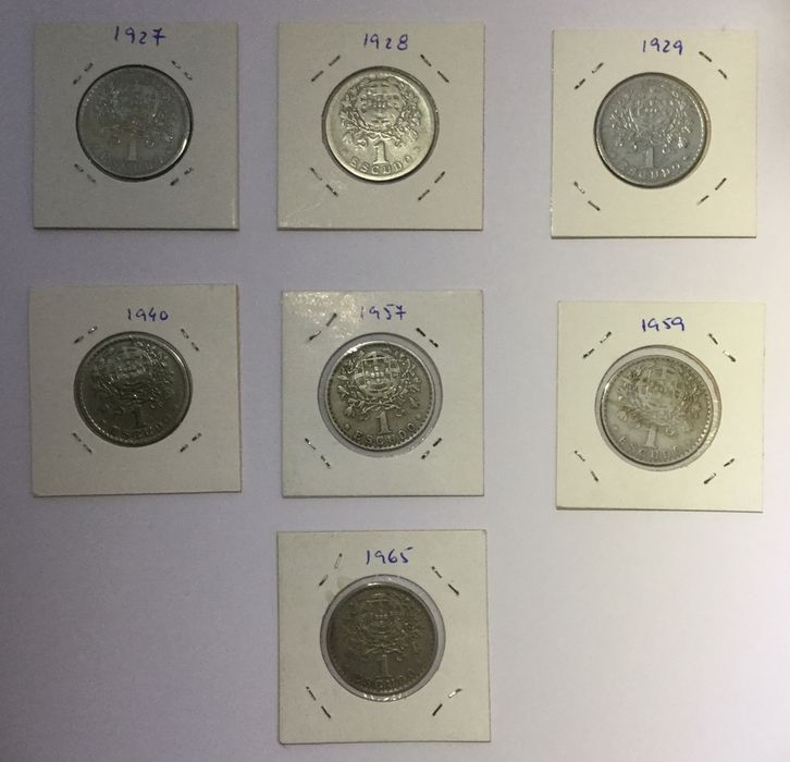 Moedas 1 escudo Alpaca (1927, 1928, 1929, 1940, 1957, 1959 e 1965)