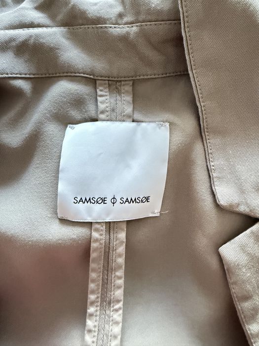 Markowy beżowy trencz marynarka premium Samsoe Samaoe lyocell bawełna zalando S/36