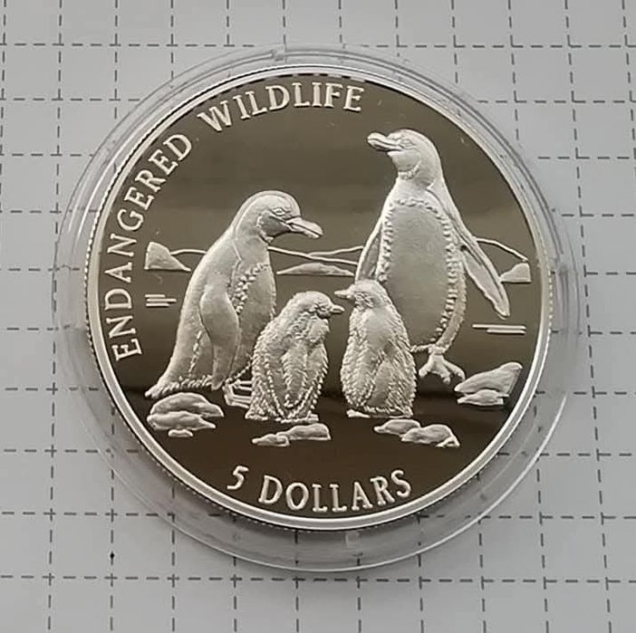 О-ви Кука. 5 доларів 1996р. ПІНГВІН. СРІБЛО. ПРУФ. Сертифікат.