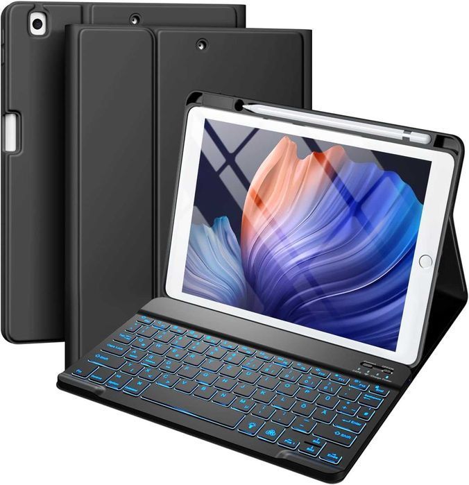 Vobafe etui klawiatura bluetooth LED do iPad 7/8/9 10,2" stojak czarne