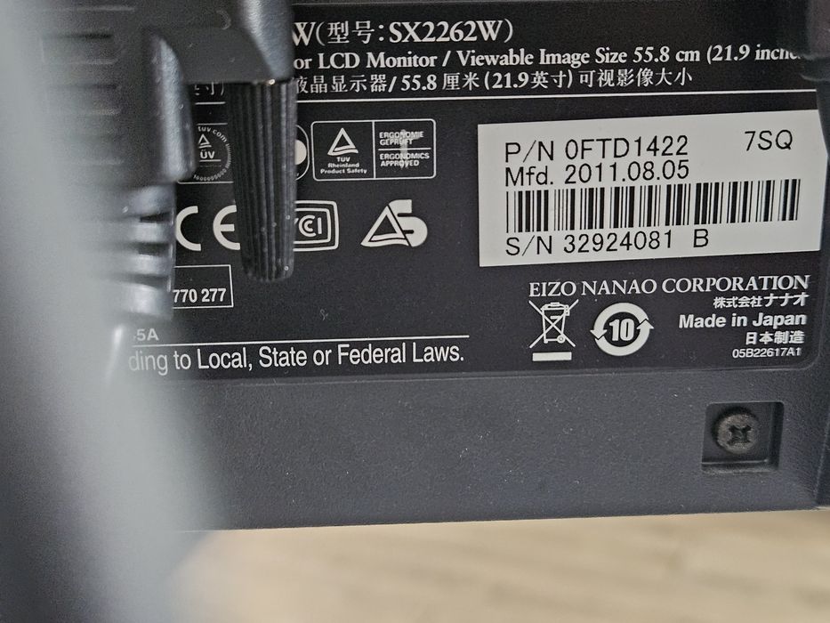 Monitor EIZO FlexScan SX2262W | NISKI PRZEBIEG 10 518h! | S-PVA 16:10