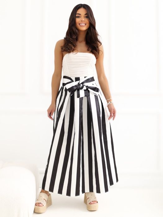 Spódnica Midi Damska w Paski Ecru Czarna Wiązana Pasek Elegancka MAYA
