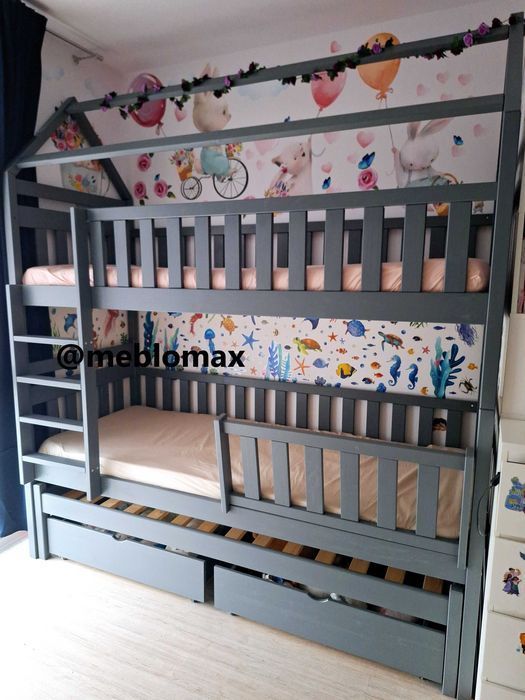 Łóżko piętrowe trzyosobowe 3-osobowe OLAF domek dziecięce z domkiem