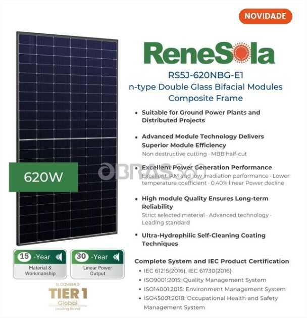 Módulo Fotovoltaico 620W BIFACIAL - Melhor preço do Mercado