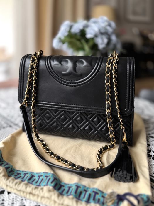 Torebka Tory Burch Fleming czarna skóra skórzana łańcuszek średnia logo premium