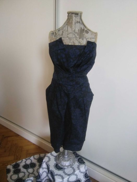 Vestido romântico cai-cai, azul e preto, Tamanho L