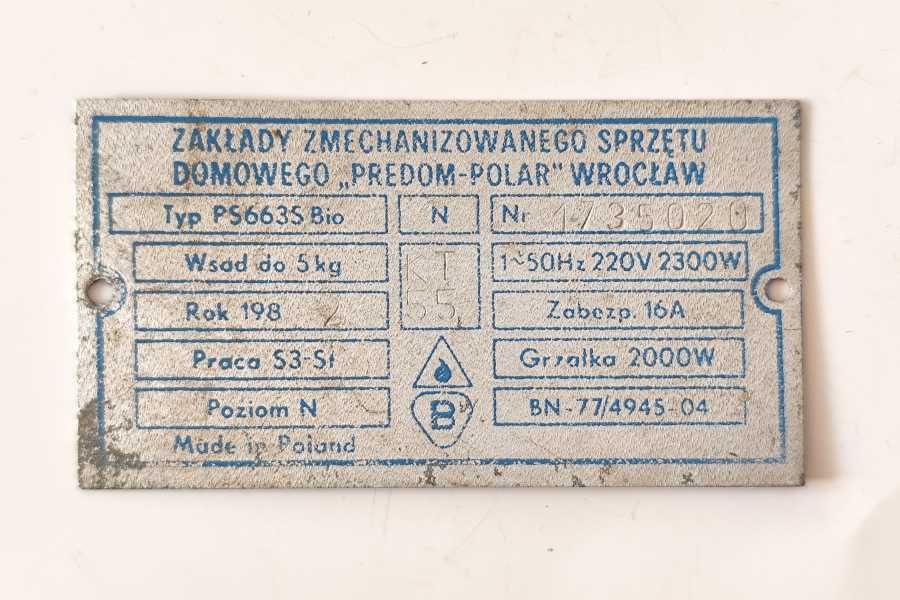 Tabliczka znamionowa kolekcjonerska PRL PREDOM Polar pralka PS663S Bio