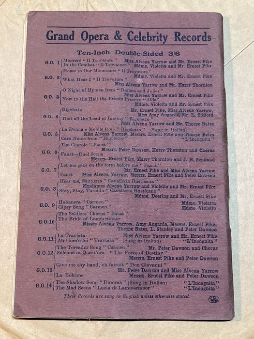 ZONOPHONE Record Catalogue Season 1913-14