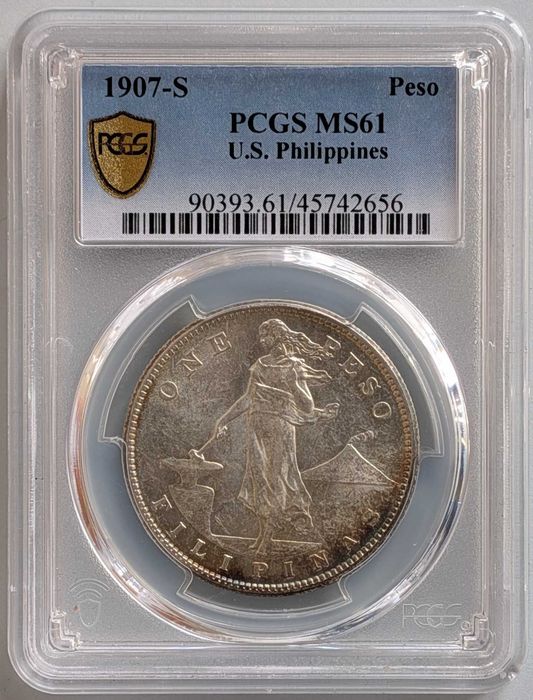 Moeda Prata 1907 Filipinas / USA Peso PCGS MS61