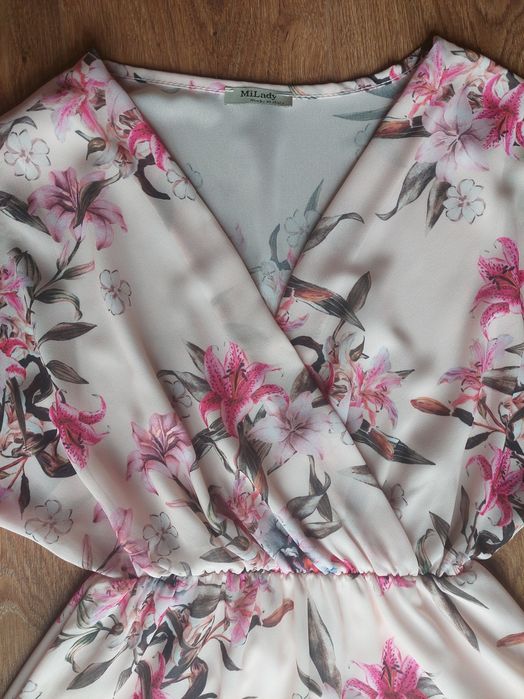 Sukienka Kimono 36 S Made Italy w kwiaty Mi Lady pudrowa różowa