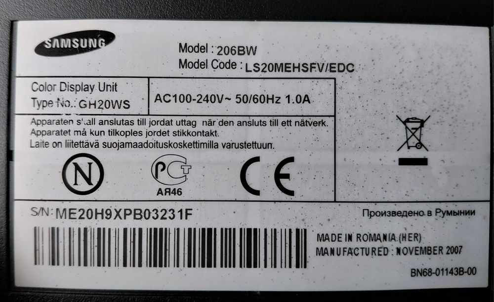 Монітор 20" Samsung 206BW LS20MEHSFV Чорний