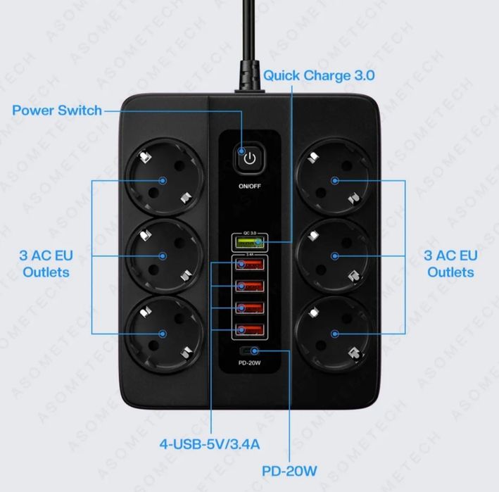 Сетевой удлинитель ASOMETECH на 6 розеток переменного тока, 3000 BT,