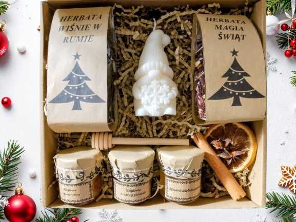 Box prezent, herbaty, miód, czerpak, świeczka sojowa świąteczny skrzat