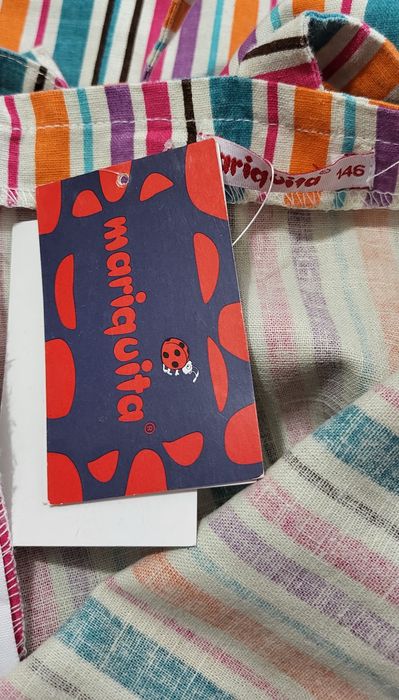 Letnia, lniana sukienka, paski, tęczowa, mariquita, 140 cm, 2