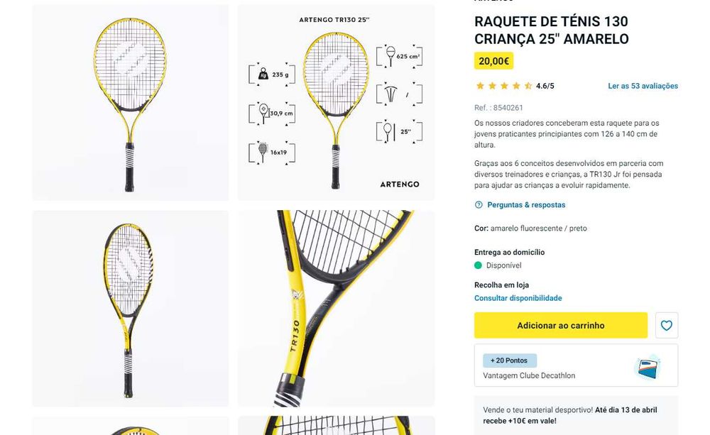 Raquete Ténis 130 CRIANÇA 25" AMARELO