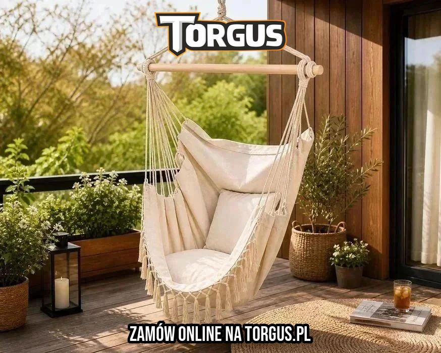 NOWA Huśtawka Ogrodowa Fotel Wiszący Brazylijski Beżowy do 130 Kg Z Poduszkami Do Domu Ogrodu Dla Dzieci Dorosłych Na Taras Balkon Działkę OKAZJA! fv