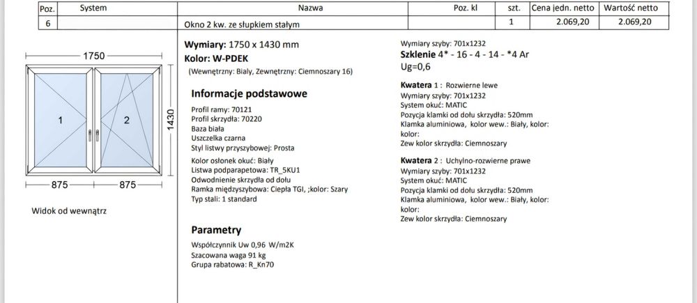 Sprzedam okno 1750x1430 antracyt 3szybowe