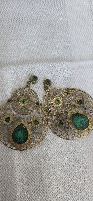 Kolczyki boho XXL zielone szmaragdowe ażurowe złote glamour vintage