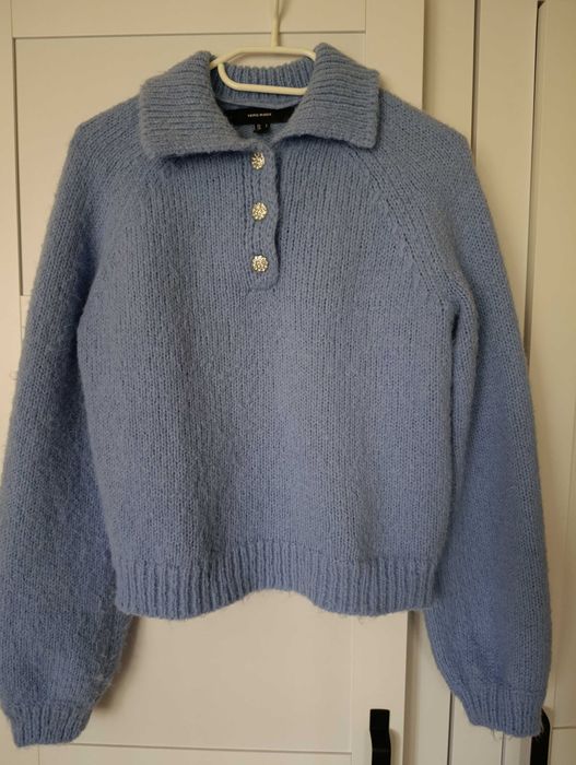 Sweter damski zdobienie guziki błękit kołnierzyk XS s jesień zima