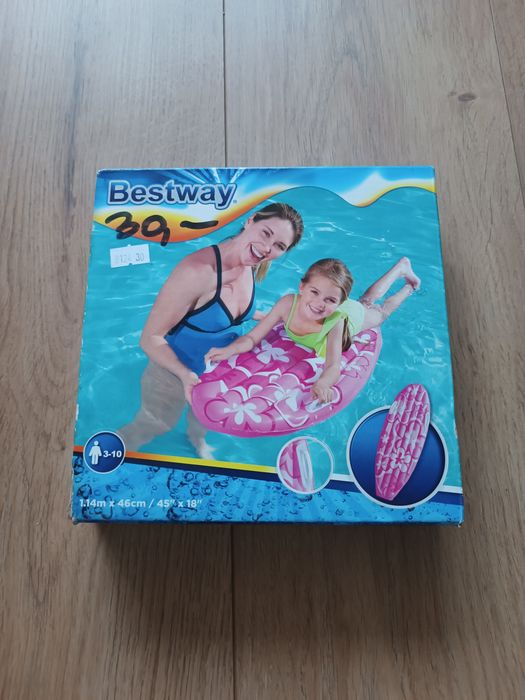 Bestway dmuchany materac dla dziecka 114x46 cm różowy basen plaża swim float 3-10 lat summer