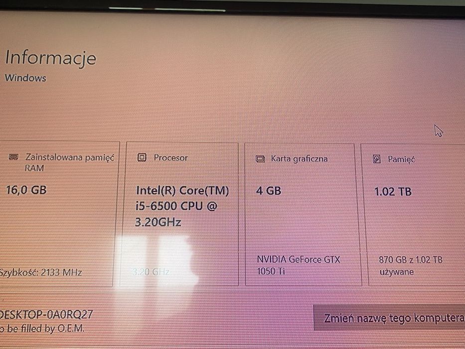 Komputer gamingowy i5-6500 / GTX 1050 Ti 4GB / 16GB RAM DDR4