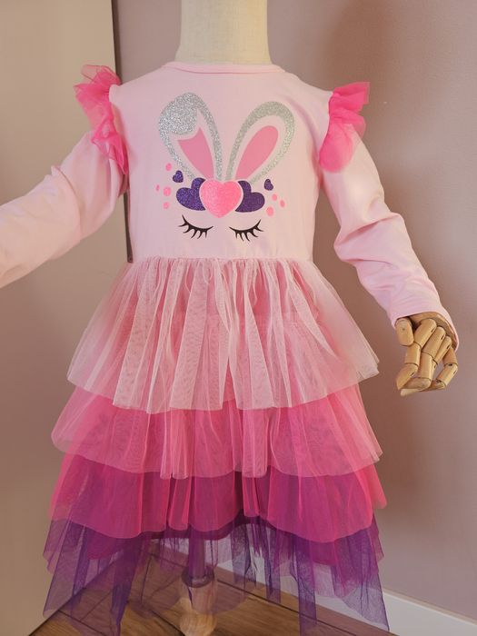Дитяча пишна святкова рожева фіолетова сукня з кроликом на 4 5 6 7  8р