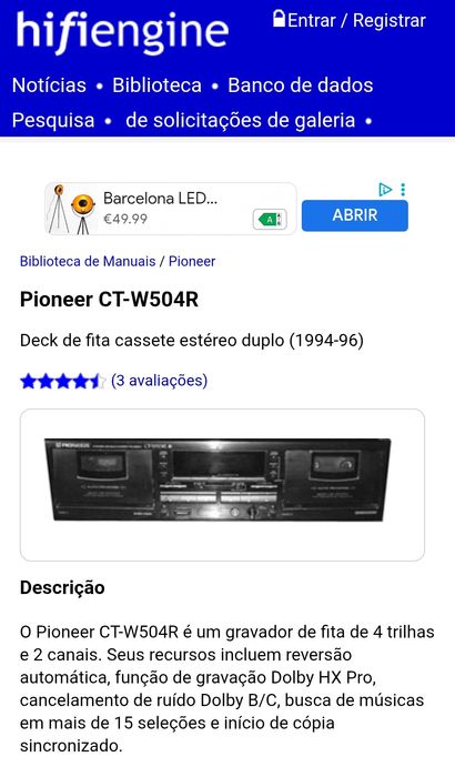 Leitor gravador cassettes Pioneer - ct w504r