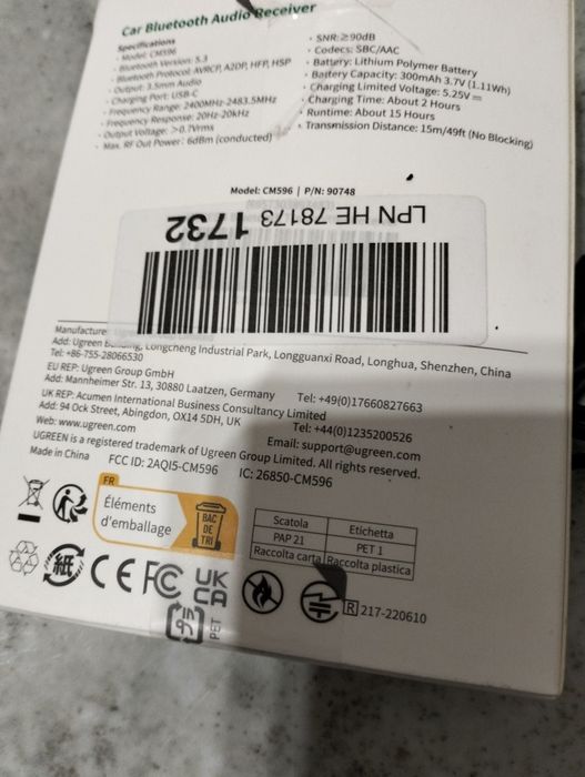 UGREEN Adapter Bluetooth 5.3 Samochodowy