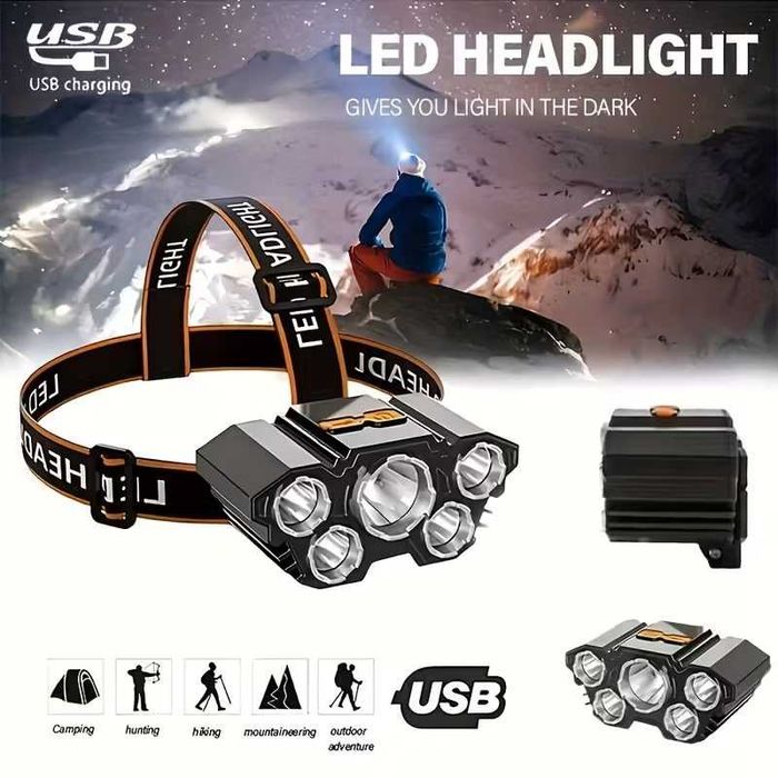 Lanterna Frontal 5 luzes LED. Carrega USB. 4 modos iluminação. Nova.