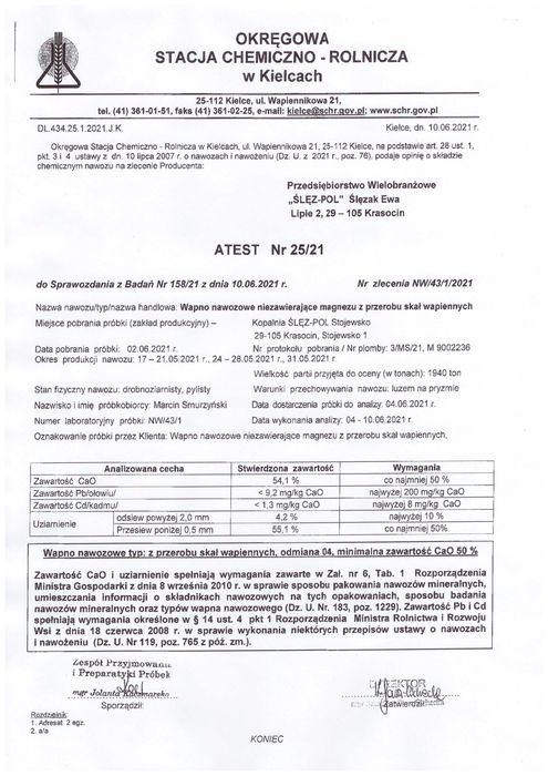 Sędziszów - Wapno nawozowe CaO 53,9 % - Producent