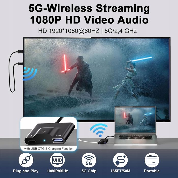 Bezprzewodowy transmiter i odbiornik, 2,4G/5G USB C na HDMI Extender