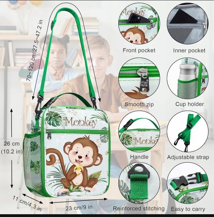 Torba Termiczna na Lunch dla Dzieci Lunchbox z Uchwytem Małpka