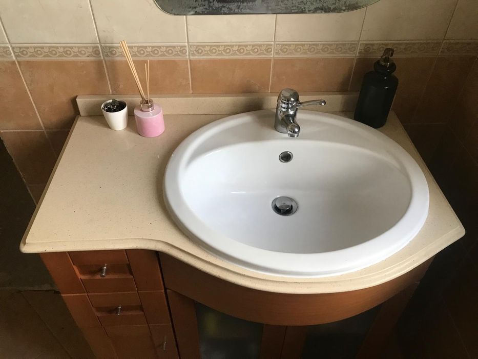 Móvel de casa de banho (WC) + lavatório + torneira + pedra + espelho