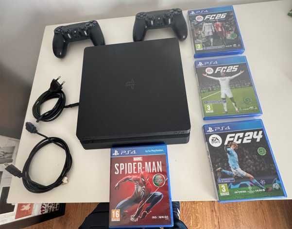 PS4 Slim 500GB + 2 Comandos Originais  + 4 Jogos (Inclui FC26)
