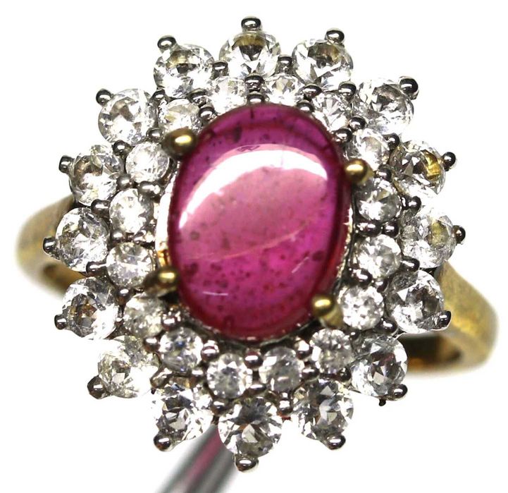 Pierścionek Srebro 925 Naturalny Rubin, Biały Topaz r 15 18k Pozłocony