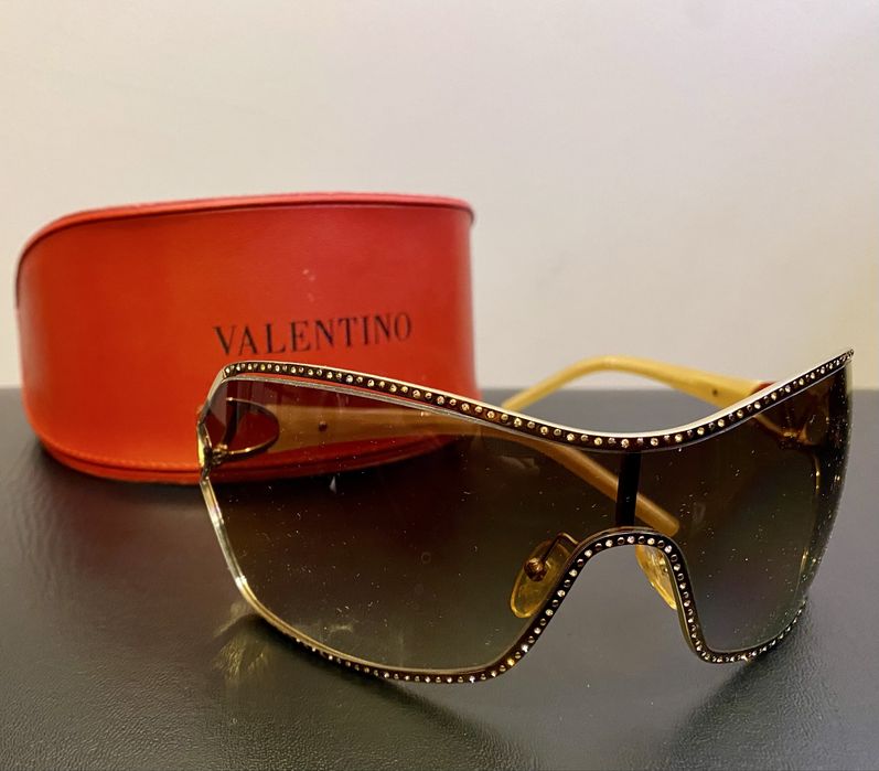 Okulary Valentino Vintage Y2K Shield z Kryształkami + Etui