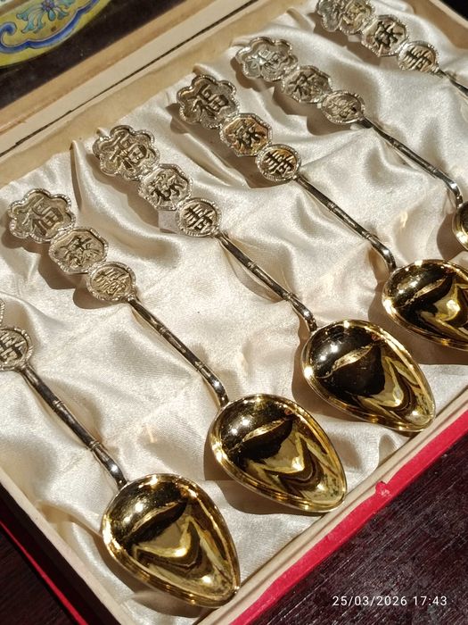 Colheres Chá Café Antigas Prata Chinesa Contrastada 12 cm