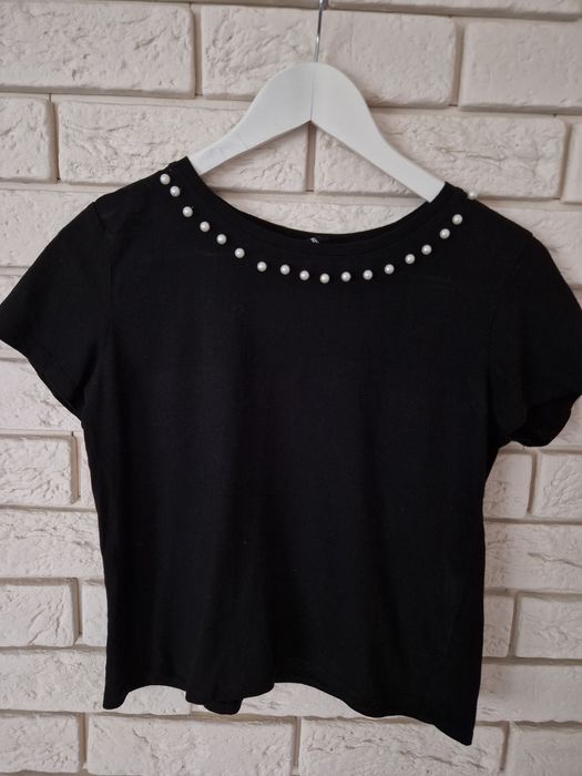 T-shirt z perełkami bluzka z krótkim rękawem czarna basic top sinsay S