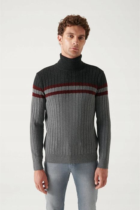 Męski sweter z golfem w paski w prążki wełna akryl l 5ga