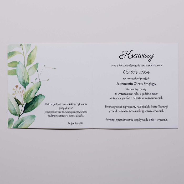 Zaproszenia na Chrzest Święty z zielenią i gołębicą