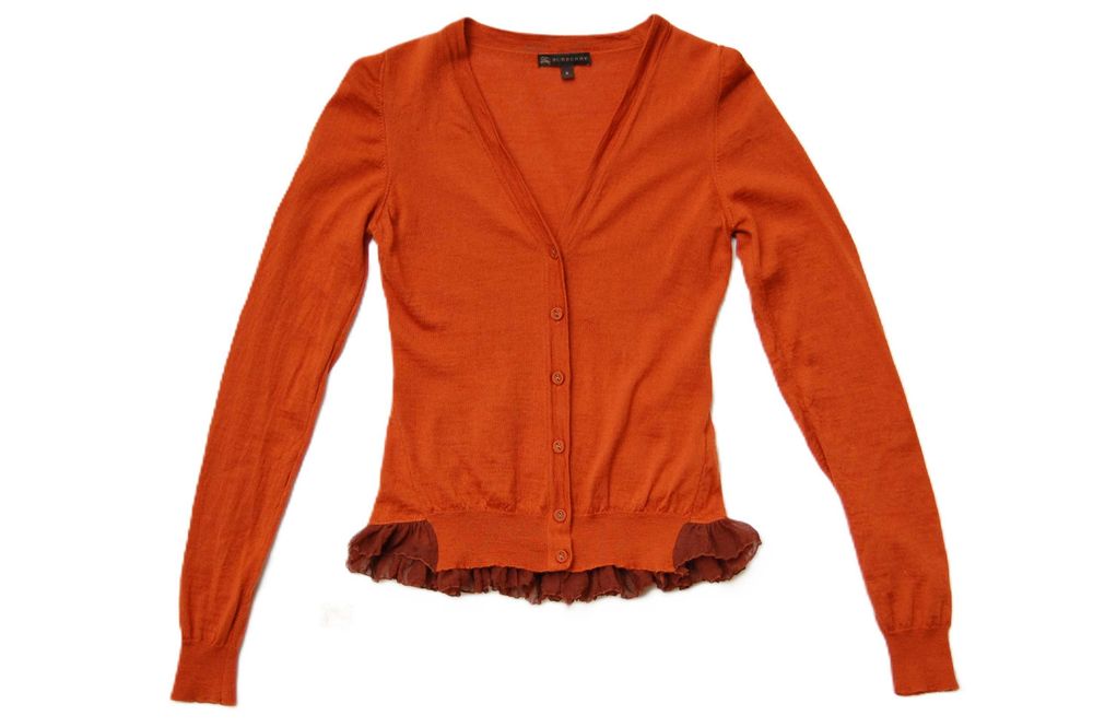 Burberry kardigan damski S XS wełna merino jedwab miedziany rudy brąz