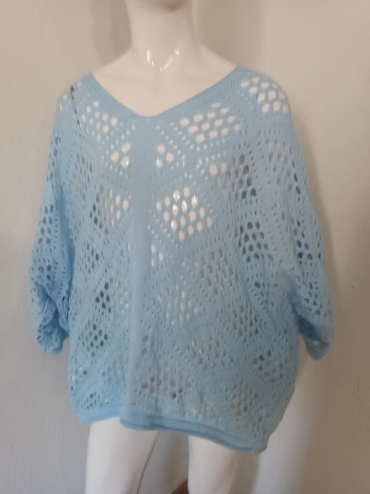 Lekki ażurowy sweter / bluzka nietoperz – błękitny – Oversize (S-XL)