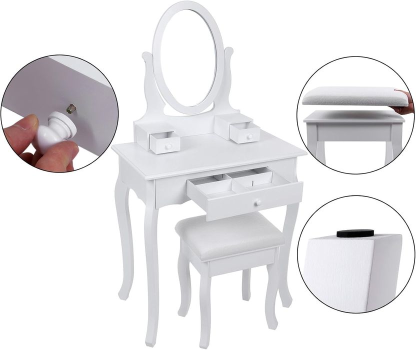 Toaletka kosmetyczna z lustrem i taboretem – biała, 3 szuflady