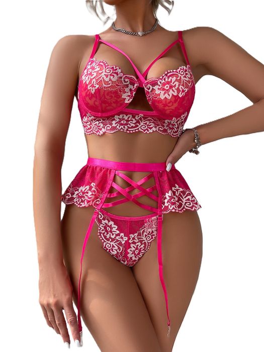 Pasawa koronkowy komplet bielizny haft w kwiaty różowy