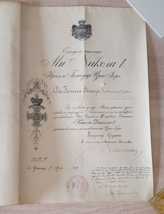 Documento original 1919 Montenegro Ordem Príncipe Danilo I diploma raro