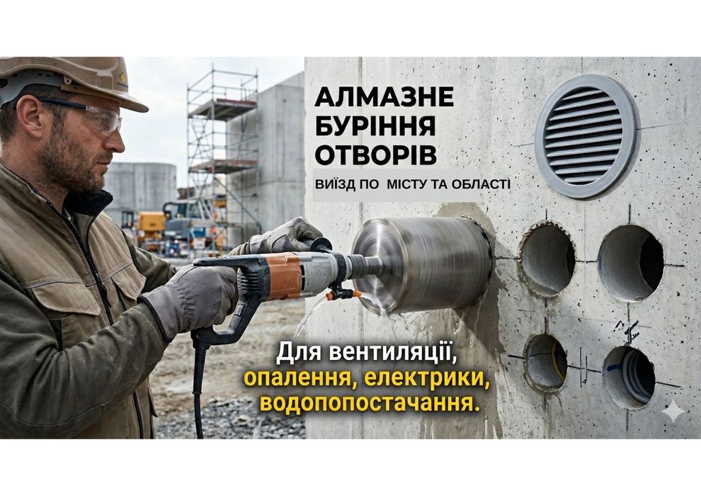 АЛМАЗНЕ БУРІННЯ круглих отворів. ЛЬВІВ та ОБЛАСТЬ (свердління під вентиляцію)