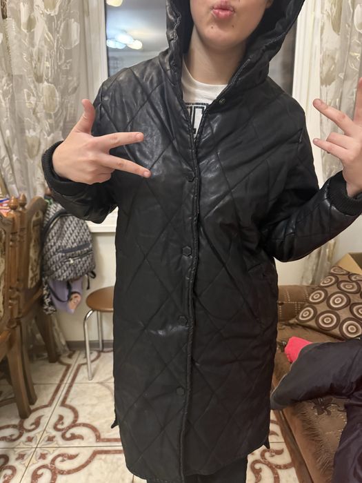 Пальто пуховик кожа