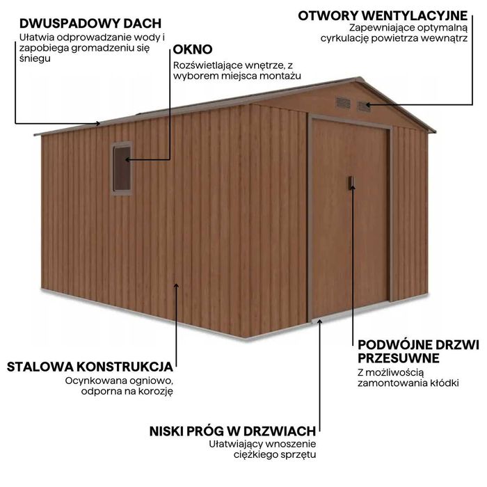 Domek narzędziowy o wymiarach 277 x 319 cm