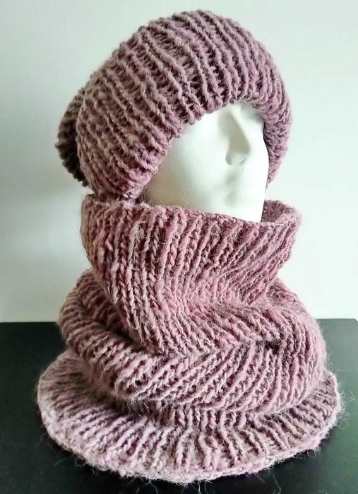 Ciepły miękki Komplet z wełną alpaki - zawijana Beanie i Komin OD RĘKI