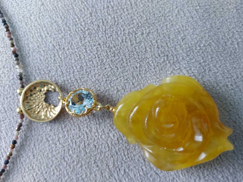 Naszyjnik bursztyn blue topaz kamienie srebro 925 złocone